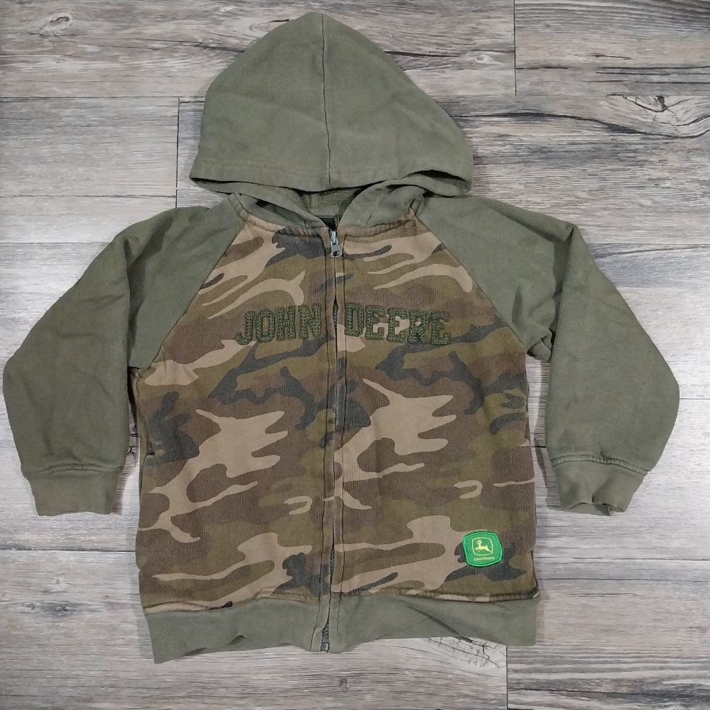 John Deere Camouflage Zip Front Jacket Hoodie Sweatshirt Size 7 Boys Green